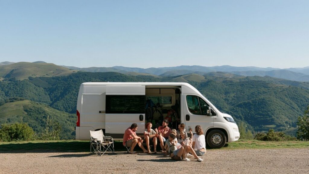 Groep vrienden zit voor een witte personenbus met uitzicht over groene bergen tijdens een roadtrip Spanje.